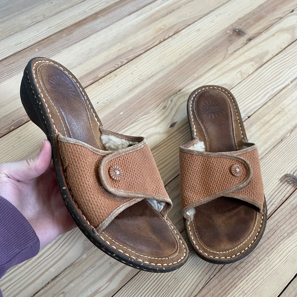 UGG Australia Chestnut Brown Woven Shearling Slide‎ Sandals Womens Size 9 casual